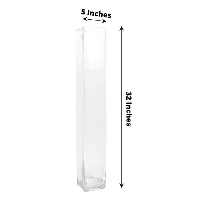 Clear rectangular glass vase, 5 inches wide and 32 inches tall.