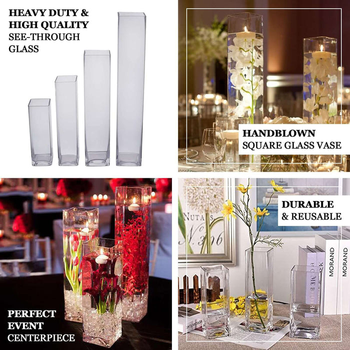 Handblown square glass vases in various sizes, perfect for event centerpieces.