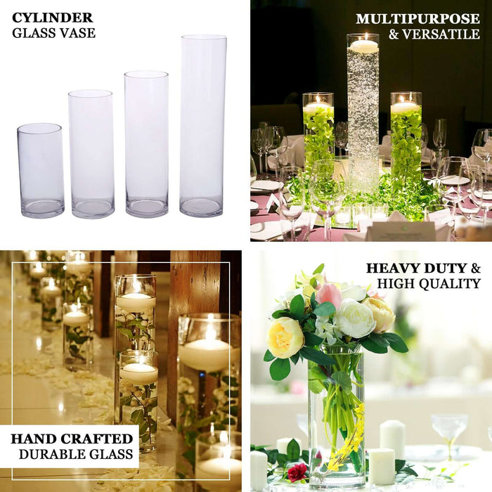 Cylinder glass vases in various sizes for versatile use in decor and events.