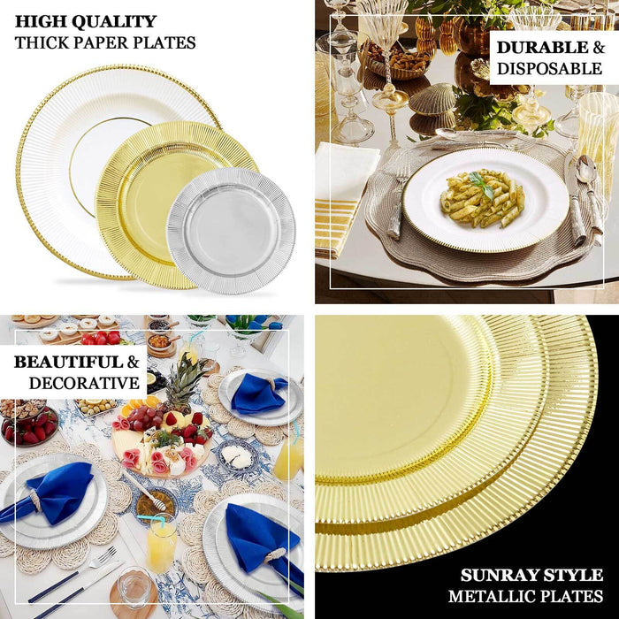High-quality thick paper plates in metallic gold and silver, durable and decorative.