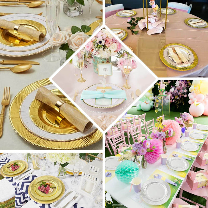 Elegant table settings with gold accents and floral decorations for special occasions.