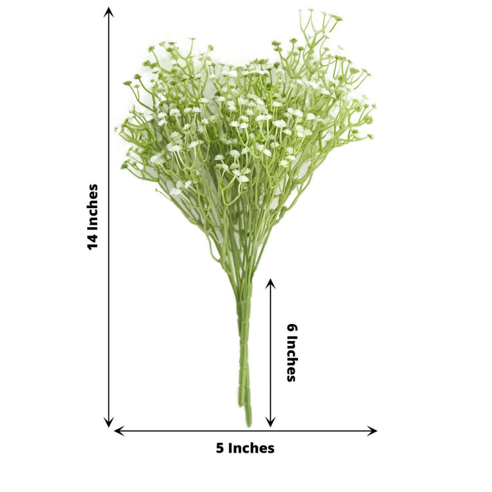 Artificial white flower bouquet, measuring 14 inches tall and 5 inches wide.