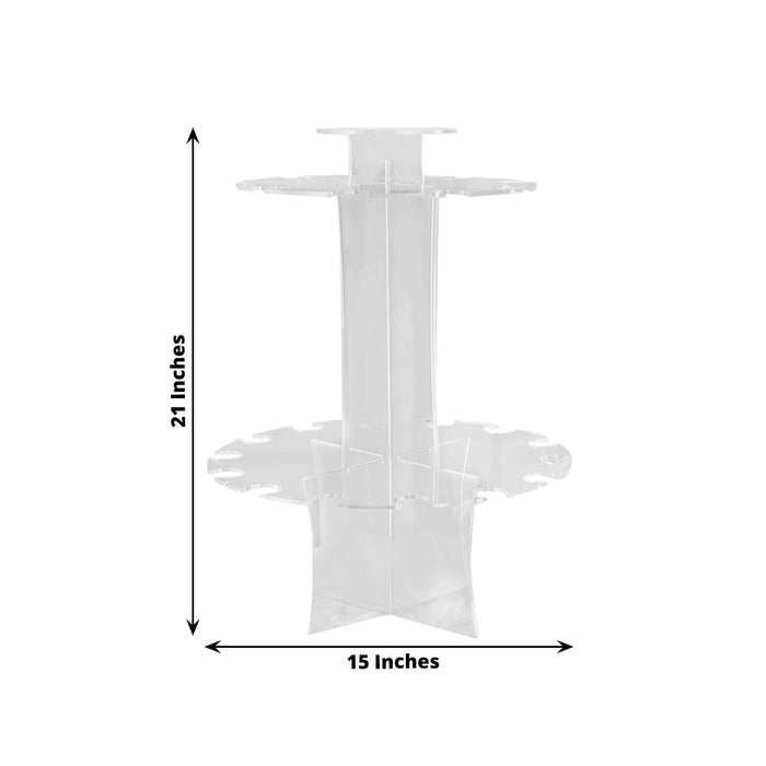 Clear acrylic display stand, 21 inches tall and 15 inches wide.
