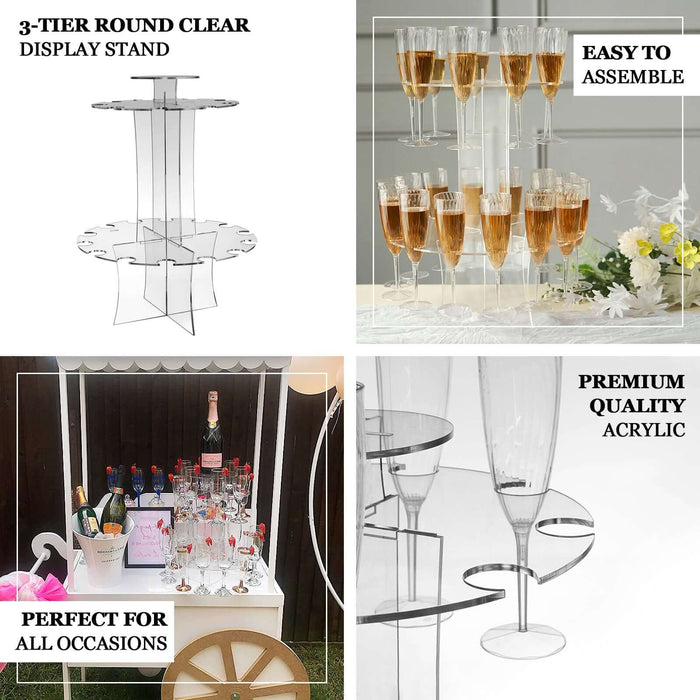 3-tier round clear acrylic stand for events and celebrations. Easy to assemble.