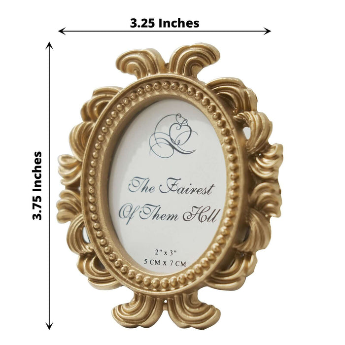 Gold oval picture frame with decorative edges, dimensions 3.25 x 3.75 inches.