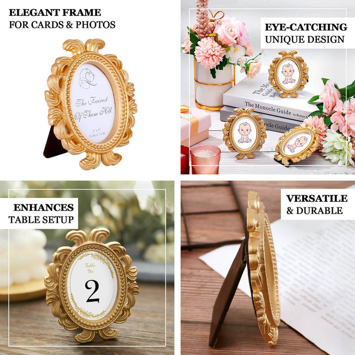 Elegant gold photo frame with unique design, perfect for cards and table setups.