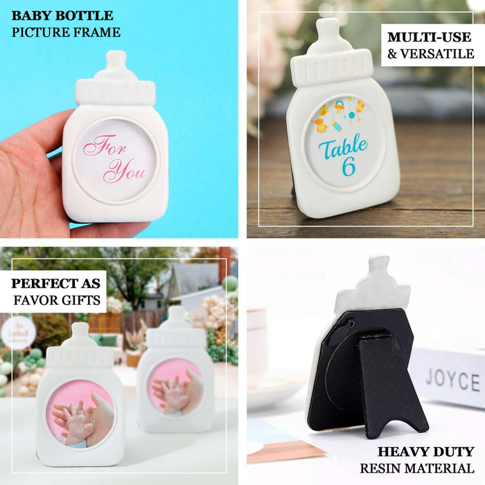 Baby bottle picture frame, versatile for events and favors, made from heavy-duty resin.