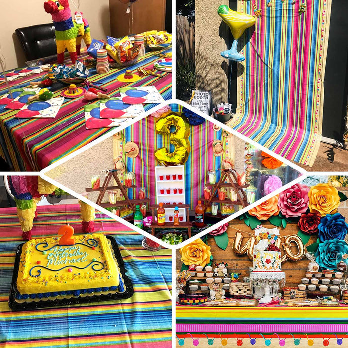Colorful birthday party decorations, including cake, piñatas, and vibrant table settings.