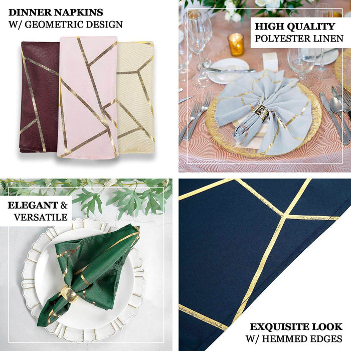 Elegant dinner napkins with geometric designs in various colors and high-quality linen.