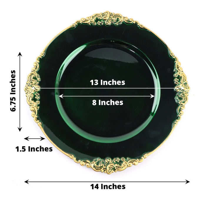 Green decorative plate with gold trim, 14 inches in diameter.