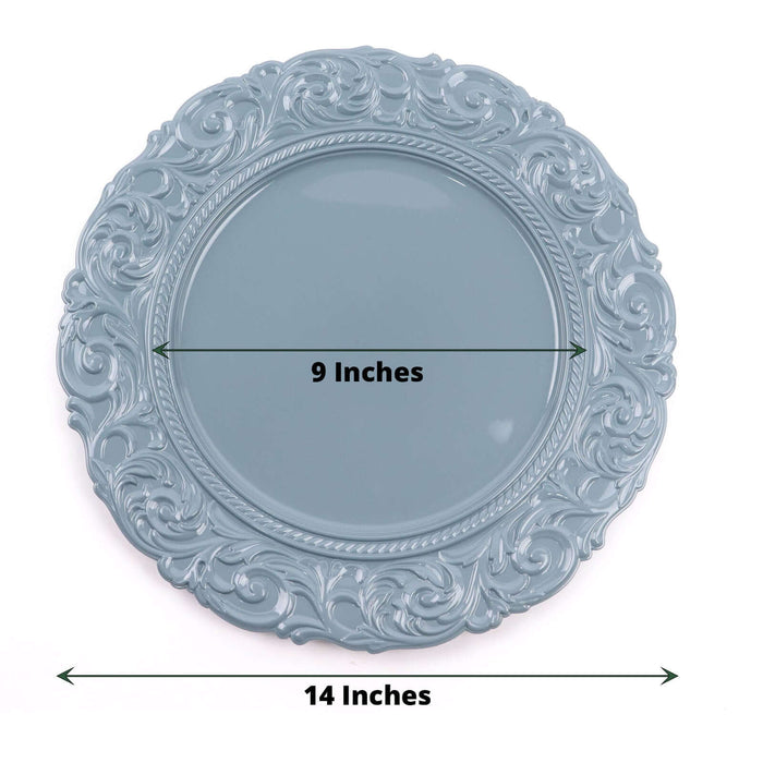 Gray decorative plate with ornate design, 14 inches in diameter.
