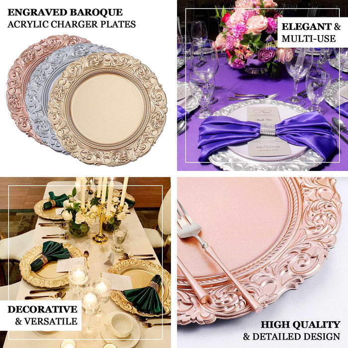 Engraved baroque acrylic charger plates in various colors for elegant table settings.