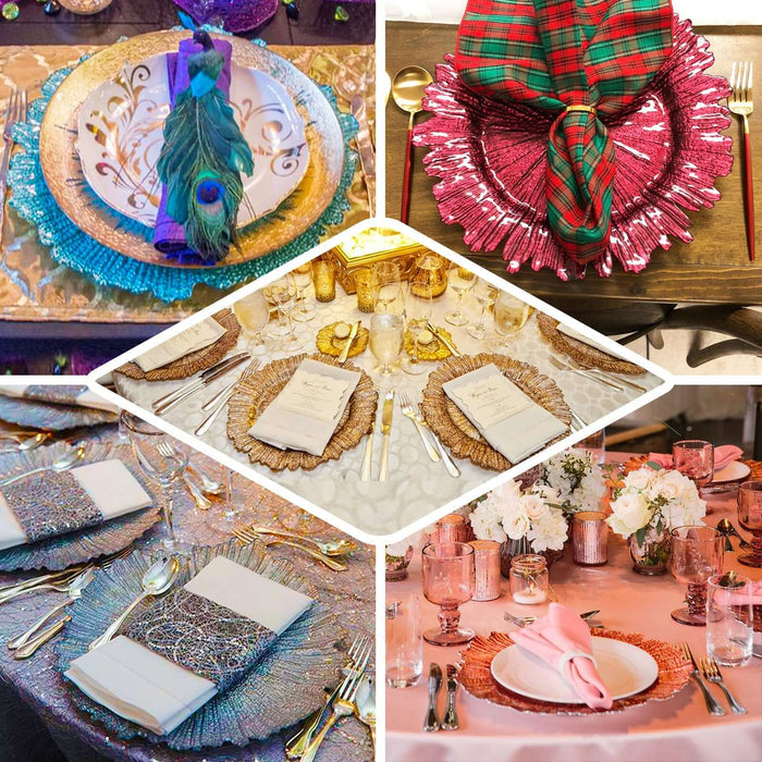 Elegant table settings with various decorative plates and napkins for festive occasions.