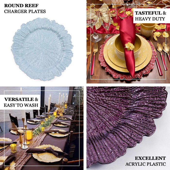 Round Reef charger plates in blue and purple, perfect for elegant dining settings.
