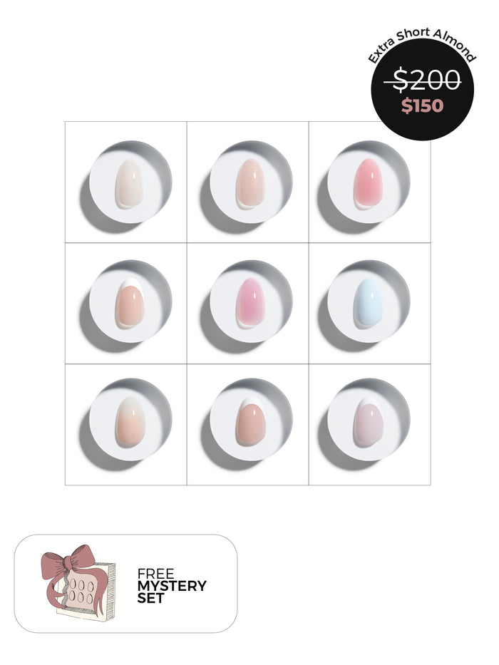 Set of extra short almond press-on nails with pricing and a free mystery set offer on a white background
