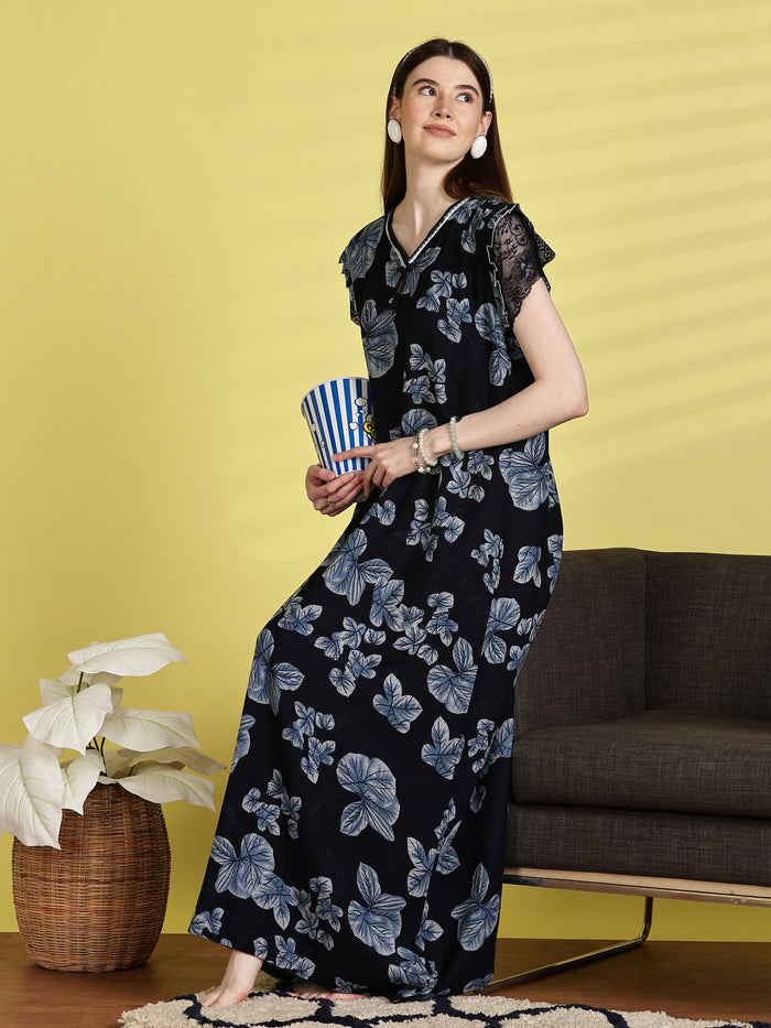 Navy Blue Nighty for Women with Pocket and Lace
