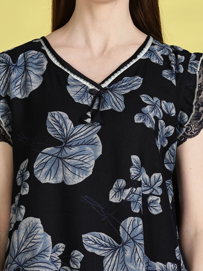 Navy Blue Nighty for Women with Pocket and Lace