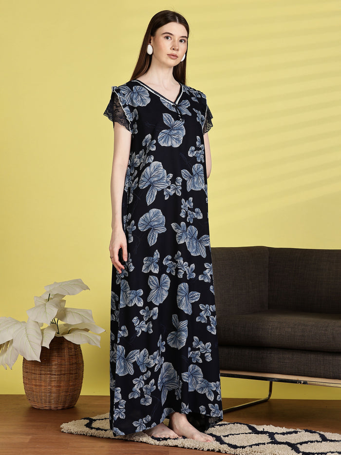 Navy Blue Nighty for Women with Pocket and Lace