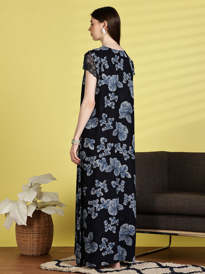 Navy Blue Nighty for Women with Pocket and Lace