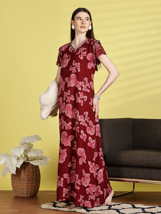 Chic Red Alpine Floral Nighty for Women