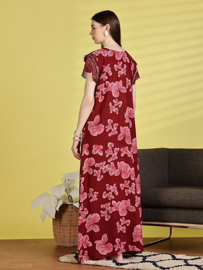 Chic Red Alpine Floral Nighty for Women