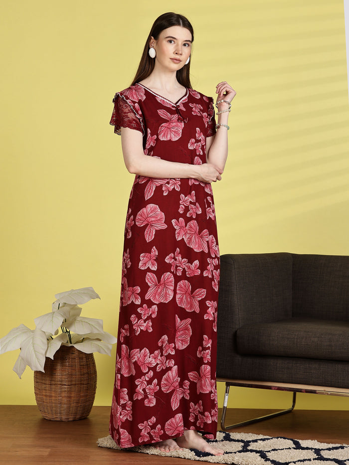 Chic Red Alpine Floral Nighty for Women