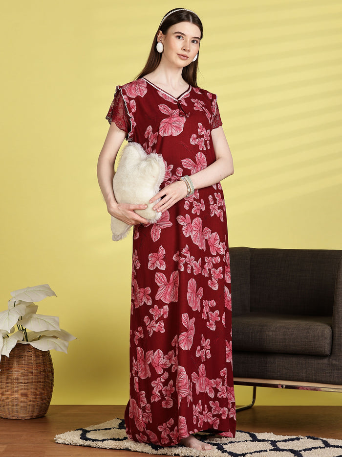 Chic Red Alpine Floral Nighty for Women
