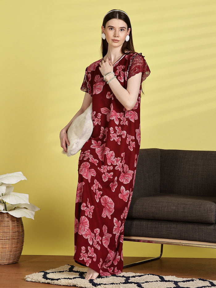 Chic Red Alpine Floral Nighty for Women
