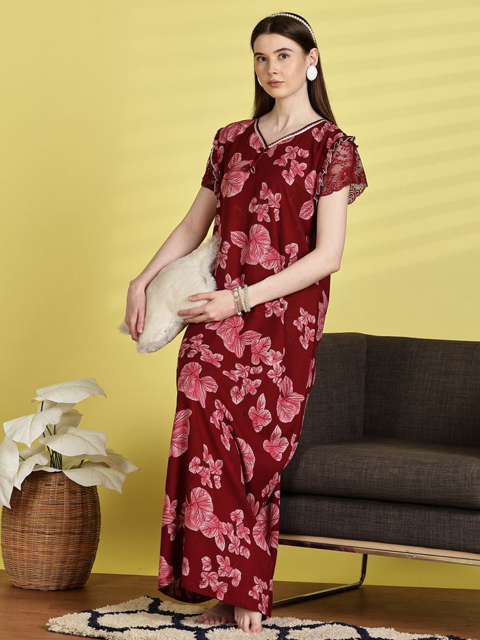 Chic Red Alpine Floral Nighty for Women