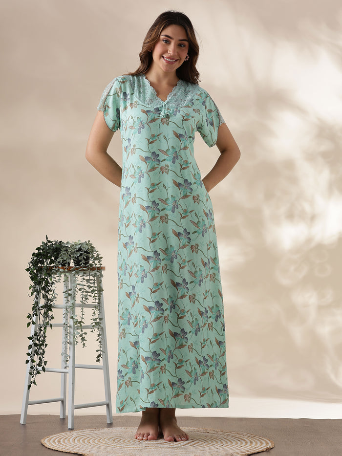 Mint Green Alpine Night Dress for Women with Pocket