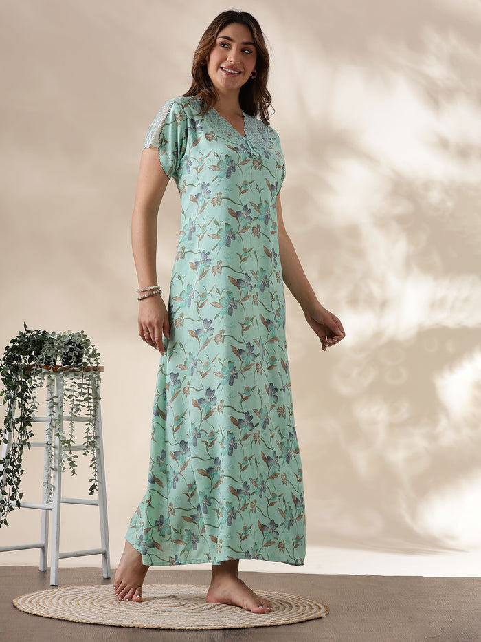 Mint Green Alpine Night Dress for Women with Pocket