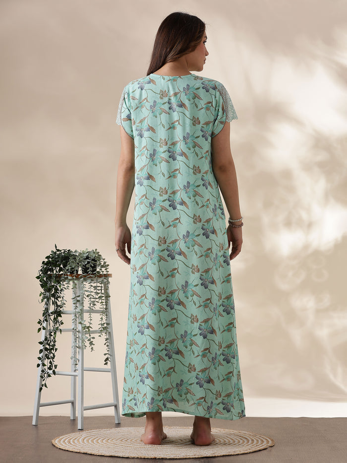 Mint Green Alpine Night Dress for Women with Pocket