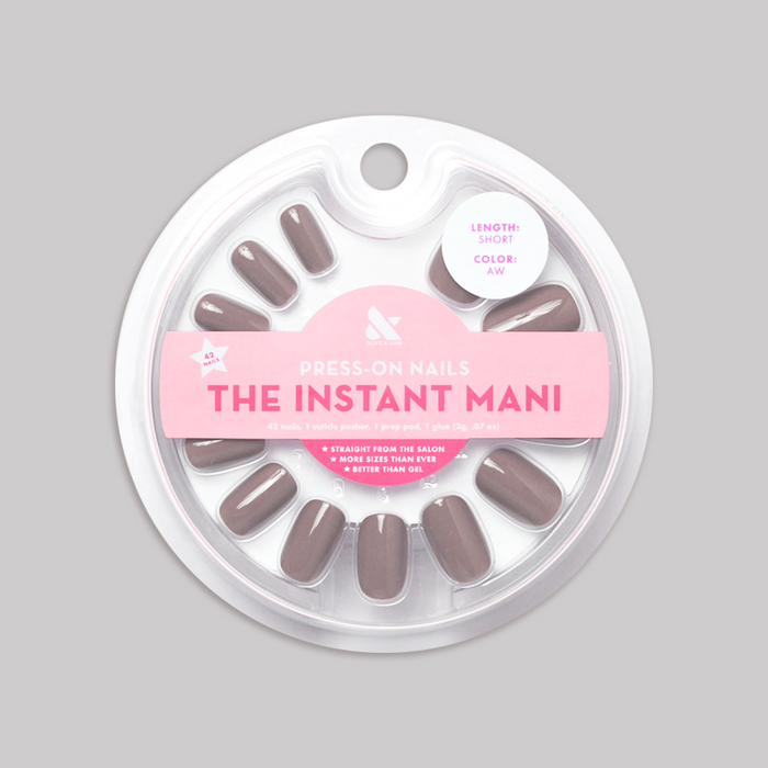 AW - Press-On | Short | Squoval showing packaged short squoval warm grey press-on false nails by Olive and June