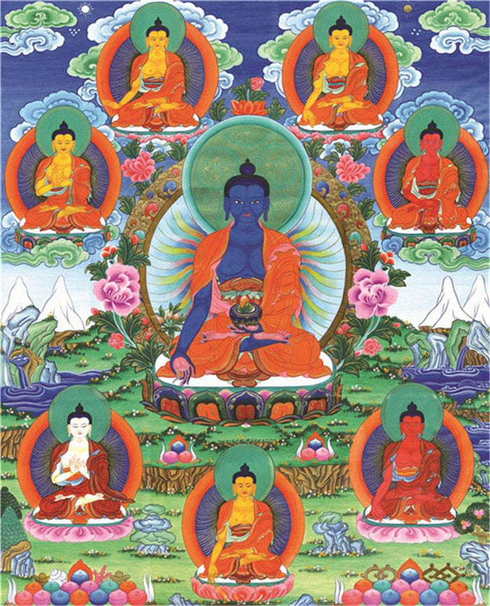 Bhaisajyaguru - Eight Medicine Buddhas Image - Tibetan thangka painting, front view