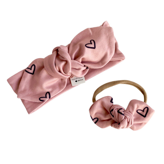 Black Hearts on Dusty Pink Leggings and/or Headbands