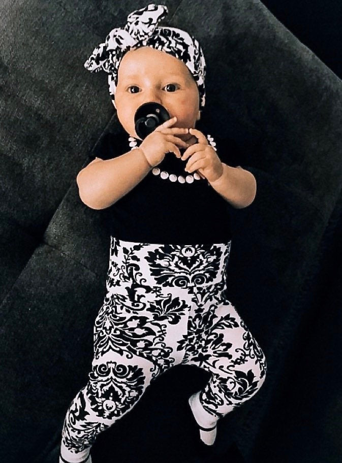 Black & White Damask Print Leggings and/or Headbands