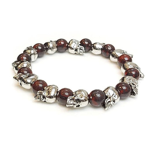 Blood Stone Jasper and Stainless Steel Skull Bracelet