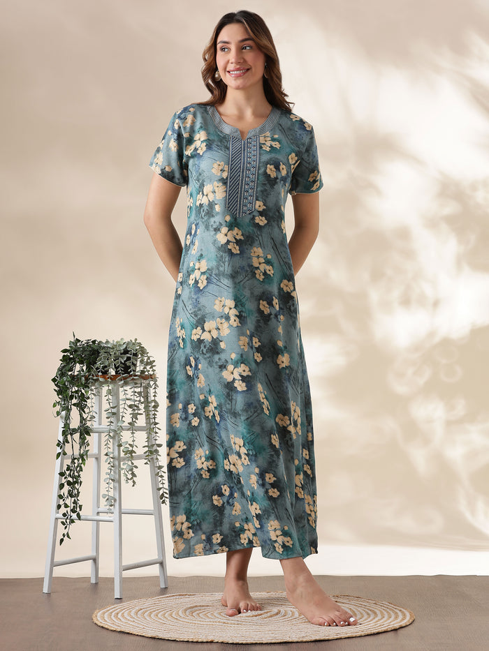 Blue Green A Line Alpine Nighty for Women