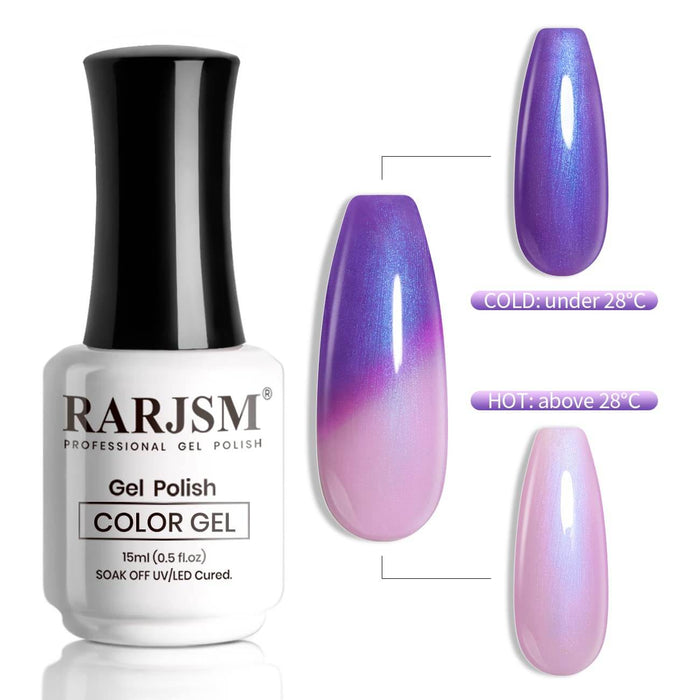 RARJSM Blue Purple RAR453 temperature color changing gel polish bottle 15ml with hot cold color transformation swatch