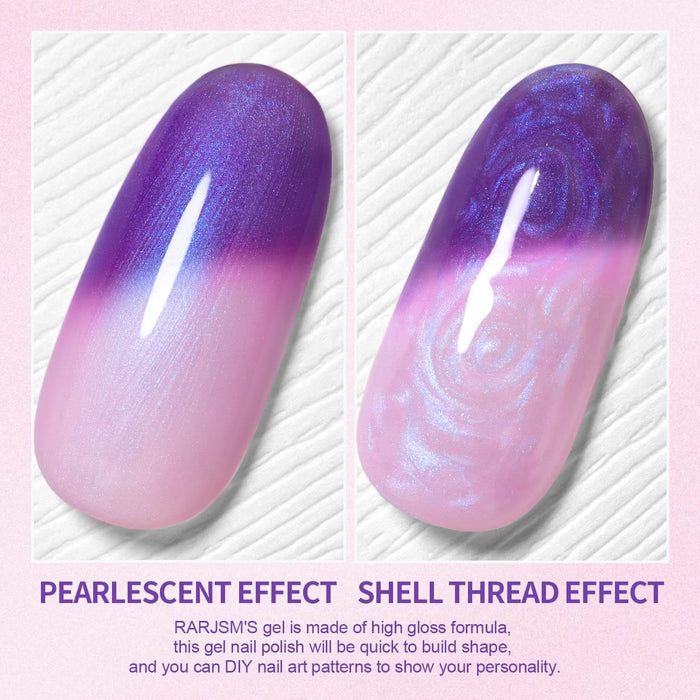Blue purple temperature color changing gel polish pearlescent shell thread effect comparison cold hot swirl pattern