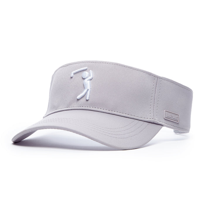 The Bogeyman Light Grey Visor features performance material, a curved brim, and a white embroidered golfer outline on the front. Side ventilated panels and a small rectangular text patch complete the look. Shown against a white background.