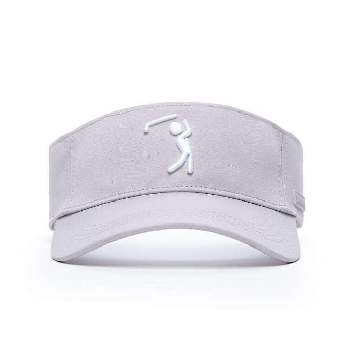 The Bogeyman Light Grey Visor is shown from the front, with a white embroidered golfer silhouette on the center band. Made from performance material, it features visible stitching and a curved brim for sporty style.