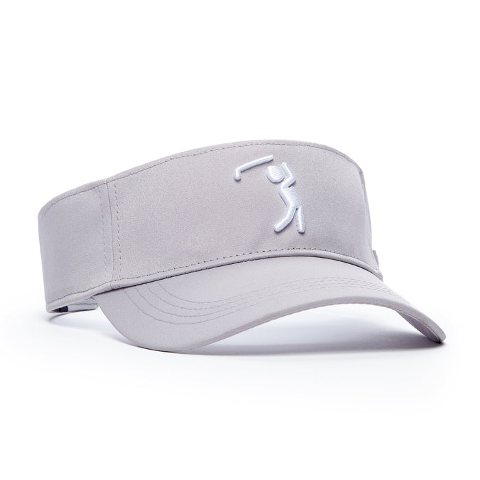 The Bogeyman Light Grey - Visor is a sports hat with a curved brim, white embroidered golfer design, wide band, adjustable strap, and ventilated performance panels. Photographed on a white background.