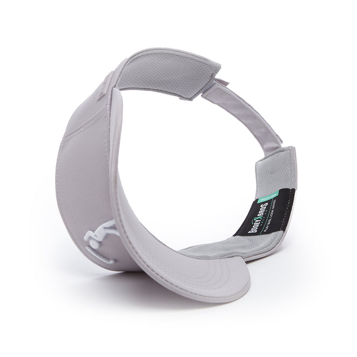 The Bogeyman Light Grey - Visor features sweat stain resistant fabric, a curved brim, adjustable Velcro strap, and a black interior tag with ‘Boardies’ in white text. Its interior is partially visible against a white background.