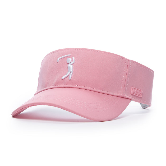 The Bogeyman Pink - Visor is a light pink performance cap with a curved brim, featuring an embroidered white golfer on the front, ventilated panels, a side label, and an adjustable back strap for comfort.