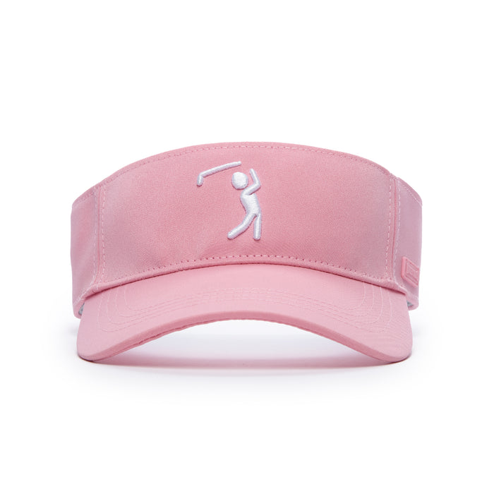 The Bogeyman Pink - Visor features ventilated light pink panels, a white embroidered golfer logo on the front, and a curved brim. Made from performance material for comfort, it's shown with a structured front against a plain white background.
