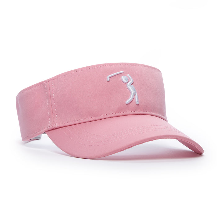 The Bogeyman Pink - Visor is made from performance material in pink, featuring a curved brim and an embroidered white golf figure on the front panel, shown against a white background.