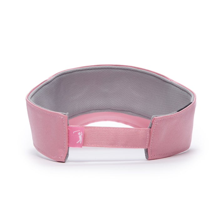 The Bogeyman Pink - Visor is shown from the back, featuring a gray interior lining, adjustable pink Velcro strap, and sleek performance material. Its simple design is accented with a small golfer tag for added style and durability.