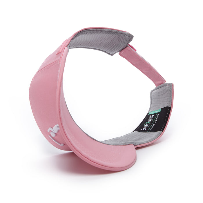 The Bogeyman Pink - Visor features a curved brim, ventilated panels for breathability, a gray underside and inner band with sizing and branding tag, plus an open top with adjustable strap for a custom fit.