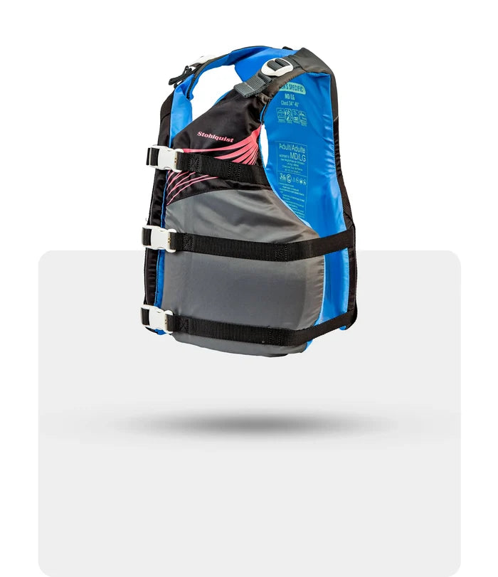 Stohlquist black and gray kayaking life jacket with adjustable straps and blue interior
